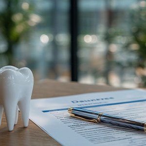 Large model tooth on desk next to dental payment application and pen
