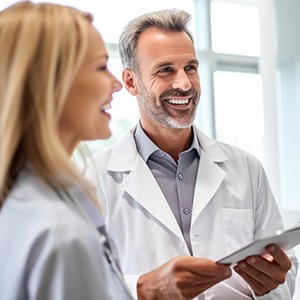 Dentist and patient smiling in office lobby